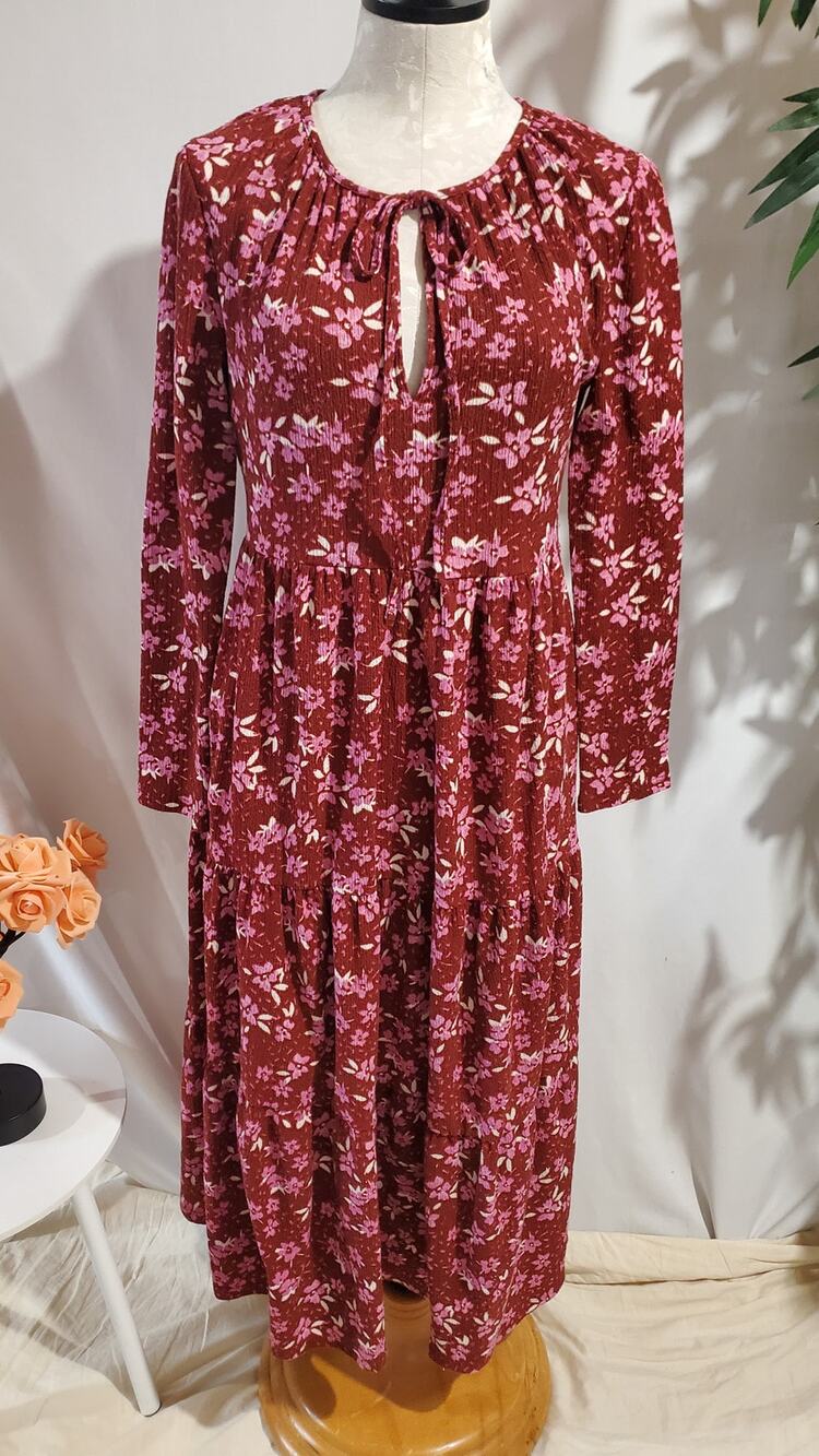 Free People Burgundy Floral Maxi Dress with Pink Accents